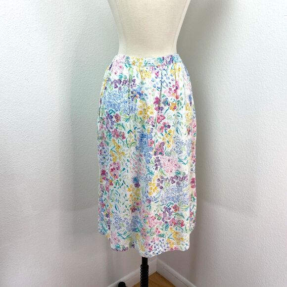 Vtg 90s Koret Womans Spring Floral Skirt Small Cotton Linen Pockets A-Line Gauzy - Picture 4 of 9